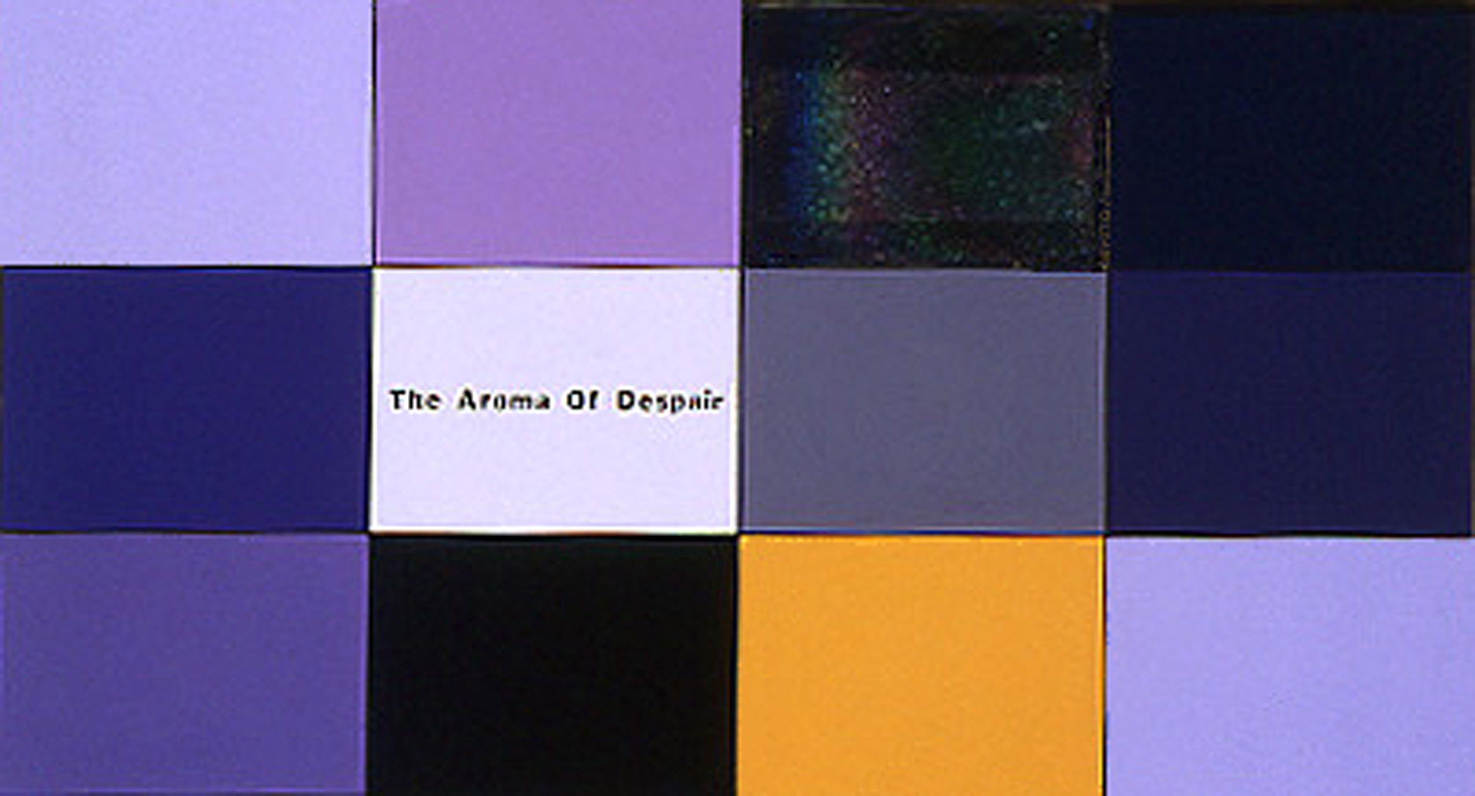 <br/>The Aroma Of Despair, 2003<br/>16<span>½</span>" x 30"<br/>acrylic, plastic, gunpowder, lettering and wood